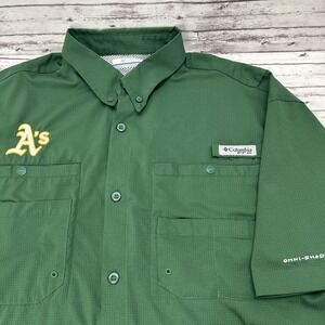 Columbia PFG Omni-Shade Oakland A's Shirt Men's Large Green Vented Fishing